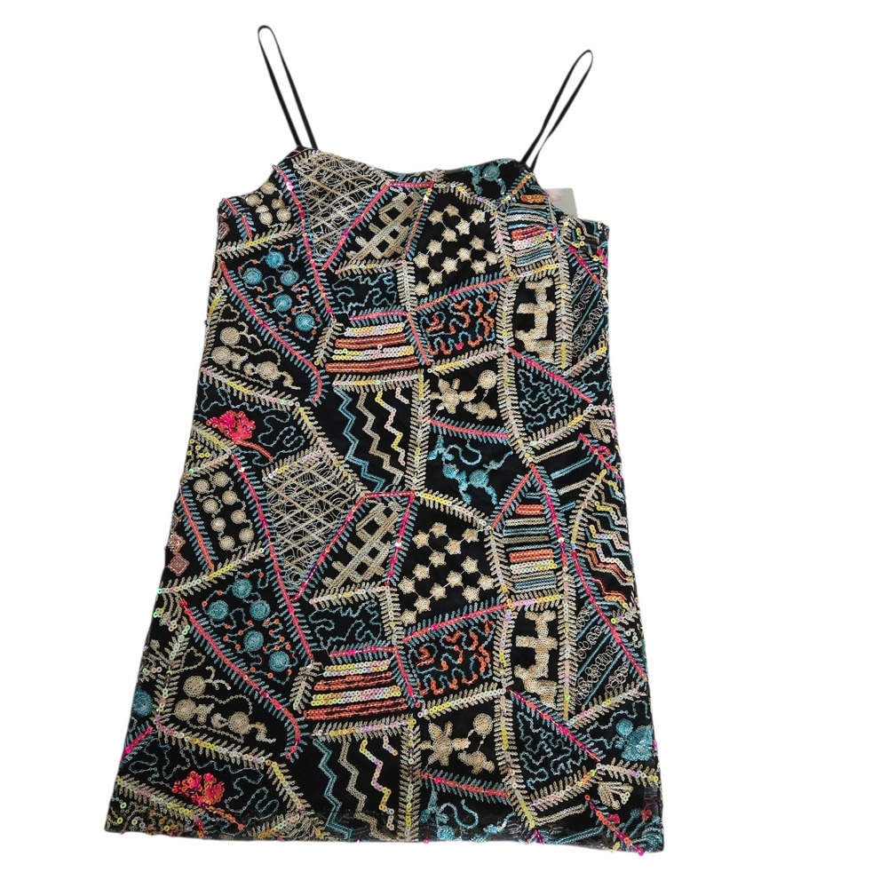 Black Multi Sequin Geometric Mosaic Mini Dress Spaghetti Strap Party Festival